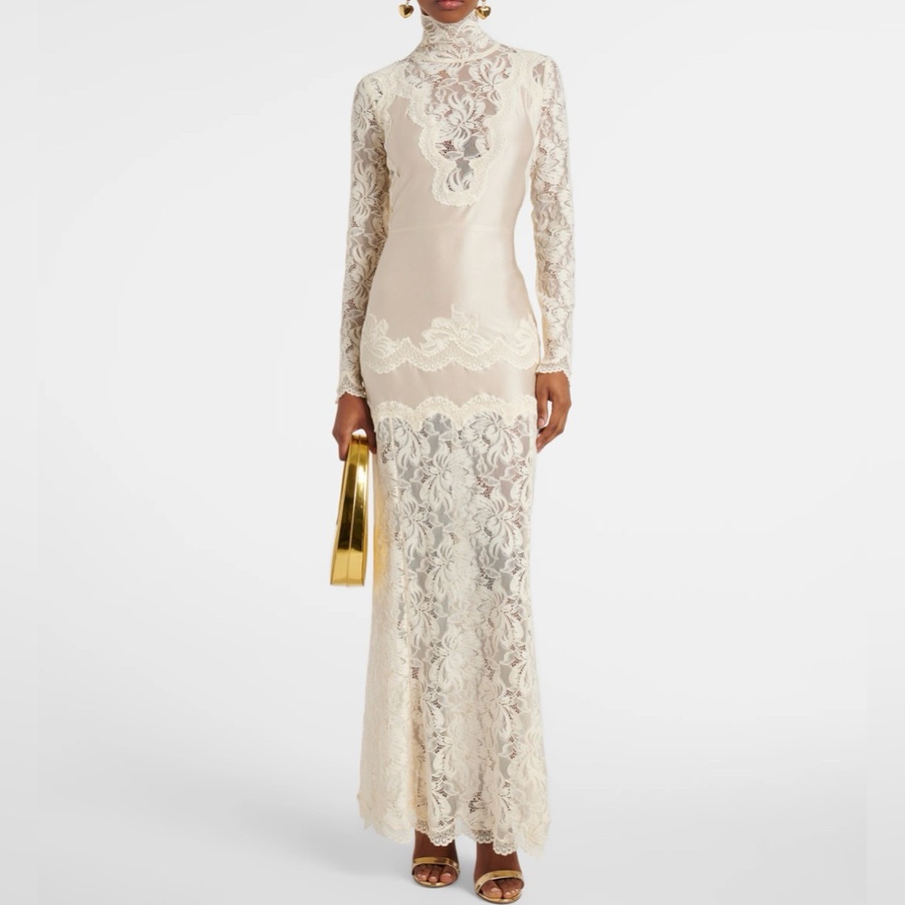 BNWT RABANNE Lace-trimmed silk-satin maxi dress